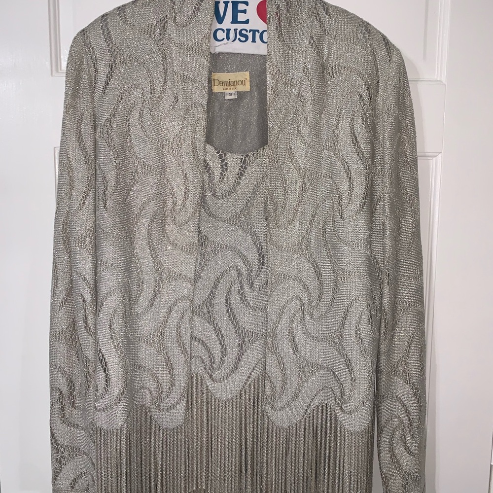 Vintage Damianou Sheer Silver Metallic Crochet Fringe Maxi Skirt, Tank, Jacket